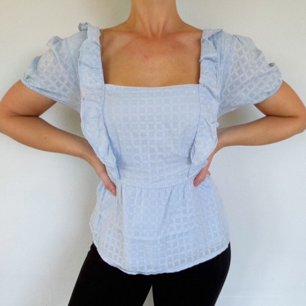 SO baby blue ruffle trim square neck short puff sleeve cotton blouse size XL